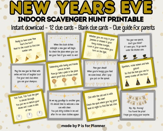 New Years Eve Scavenger Hunt for Kids, Indoor Holiday Treasure Hunt Clues, Fun New Years Game, Printable Kids Activity, New Years Party Game