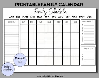 Calendario familiar imprimible, calendario familiar mensual, calendario de pared de planificación familiar, centro de mando, tamaños carta, legal y tabloide