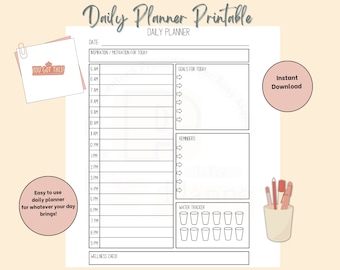 May include: A printable daily planner with sections for inspiration, goals, reminders, and a water tracker. The planner has a black and white design with a motivational quote "You Got This!" at the top.