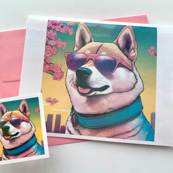 Cool Shiba Inu Holographic Glossy Greeting Card With Matching Vinyl Sticker