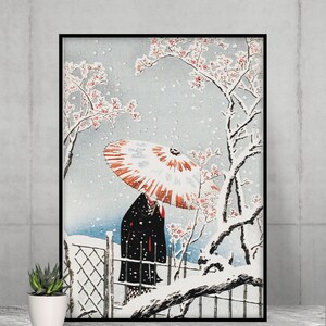 Śliwa w śniegu, malarstwo Takahashi, japońska sztuka, sztuka w stylu Ukiyo-e, wydruk cyfrowy, sztuka ścienna w stylu vintage, drukowana sztuka na ściany
