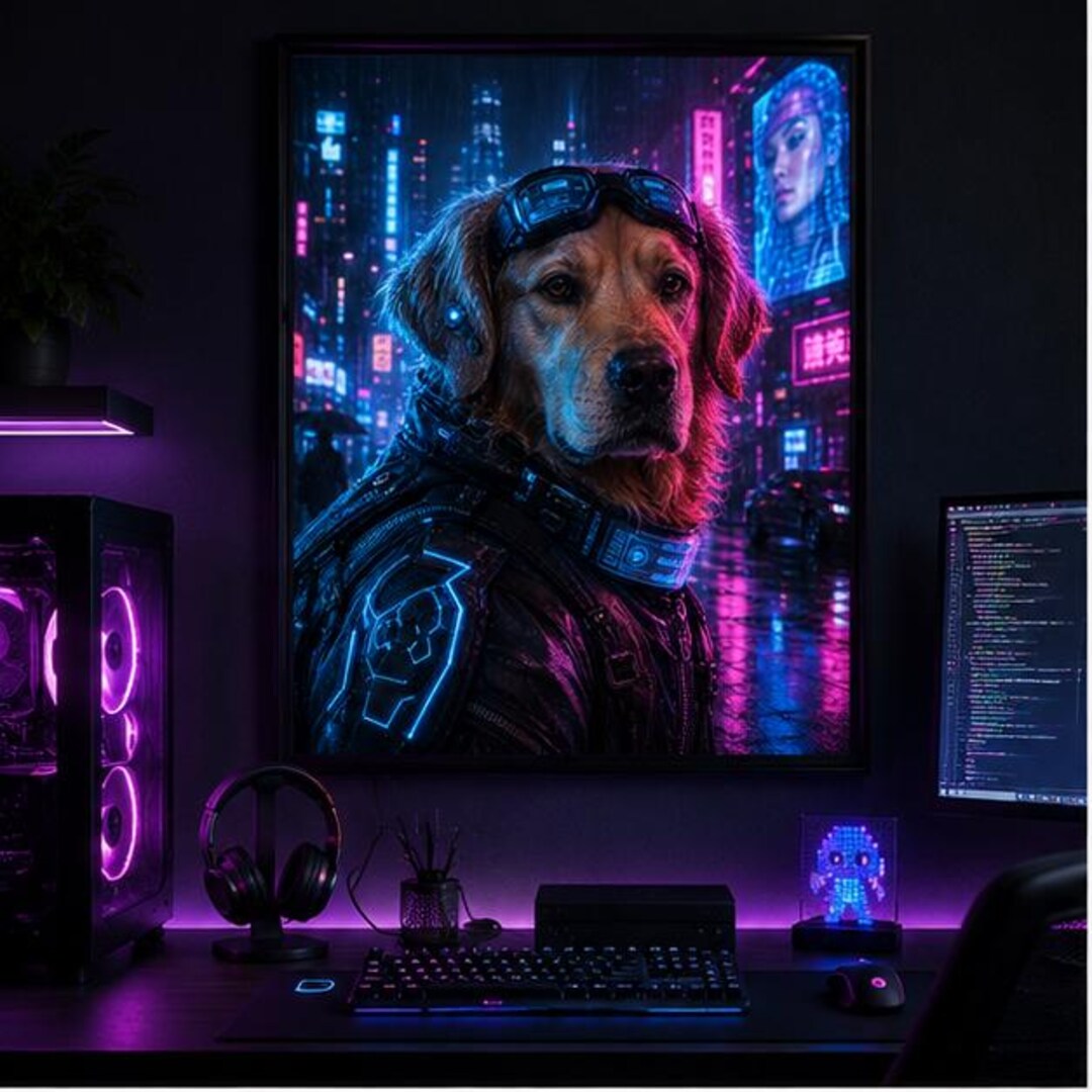 Cyberpunk Pet Portrait Custom From Photo, Neon Gaming Dog Cat Art, Sci ...