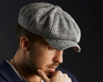 Cappello grigio Baker Boy, cappello invernale grigio, berretto da strillone uomo, cappello Baker Boy 8, berretto con visiera, cappello di tweed, cappello con paraocchi di visiera, berretto Gatsby