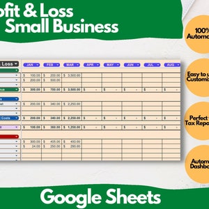 Small Business Profit and Loss Google Sheet Template Income and Expense tracker Small Business Planner Accounting Bookkeeping Calculator
