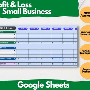 Profit and Loss Spreadsheet Income and Expense Google Sheet Template Small Business Planner Profit Tracker Accounting Bookkeeping Template