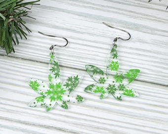 Marijuana Leaf Acrylic Earrings, Snowflake Print, Stoner Jewelry