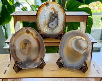 Polished Agate Slice with Wood Stand, Crystal Geode Shelf Decor