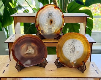 Polished Agate Slice with Wood Stand, Crystal Geode Decor