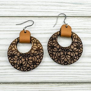 Mandala Earrings with Leather Accent, Walnut Wood Natural Boho Hippie Earthy Jewelry, Wooden Circle Earrings Dangle, Unique Mothers Day Gift