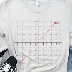 May include: A light gray t-shirt featuring a red line graph with the coordinates (6,7). The shirt is paired with black and white sneakers and blue denim shorts. The graph is on a grid background.