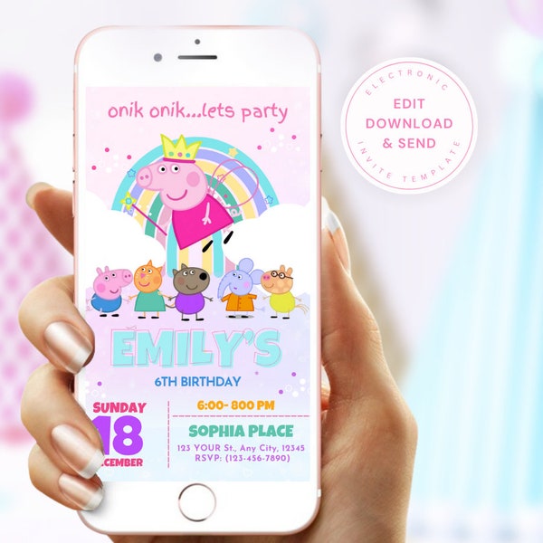 Peppa Pig Party Kids Invite | Mobile and Editable Canva Template Instant Download | Peppa Pig Party Kids Invite