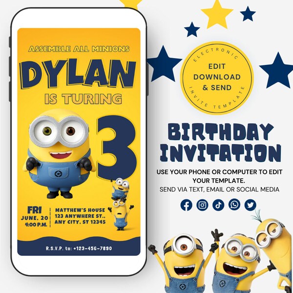 Minions Invitation | Minions Mobile Invitation | Minions Birthday invitation | Minions Party Kids Invite | Editable Canva Instant Download