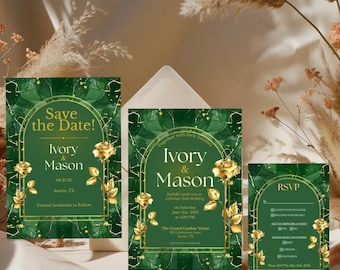May include: Green and gold wedding invitation suite with a floral design. The save the date card says "Save the Date! Ivory & Mason 06.21.25 Austin, TX Formal Invitation to Follow". The invitation card says "Together with their families Ivory & Mason Joyfully invite you to celebrate their wedding on Saturday June 21, 2025 at 4:00 PM The Grand Garden Venue 123 Celebration Lane Austin, TX". The RSVP card says "RSVP Accept with pleasure Decline with regret  All are welcome! Please select an entree: Vegetarian Vegan  Please RSVP by May 1st, 2025".