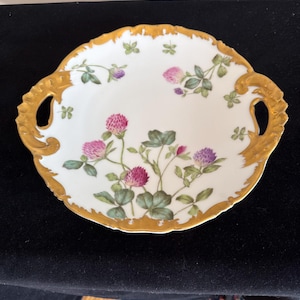 T & V Limoges, France , Artist Signed, Porcelain Serving Plate, Hand Painted Floral Design, With Gold Trim