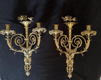 Vintage Pair Decorative Crafts Inc. Neoclassical Brass Two Arm Candle Sconces. Rare