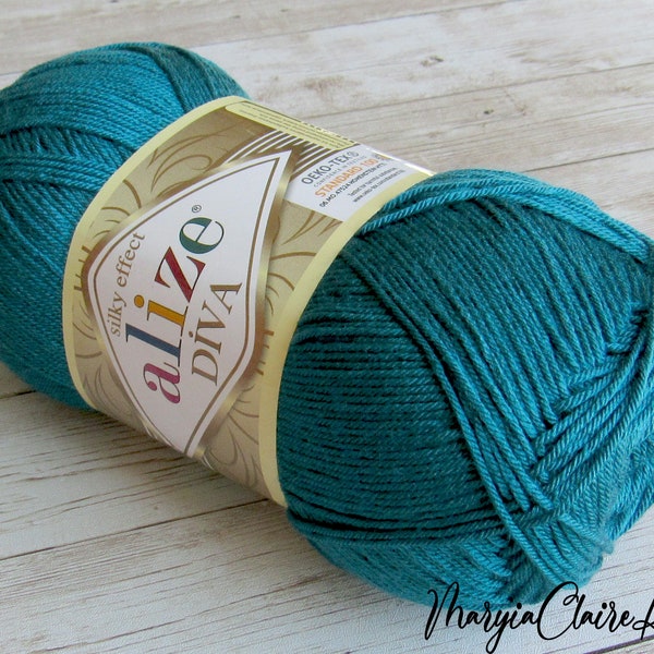 Alize DIVA Silky Effect microfiber acrylic yarn Mykonos Blue 646, Alize Diva Silk Effect Microfiber Acrylic yarn in Teal color, USA seller.