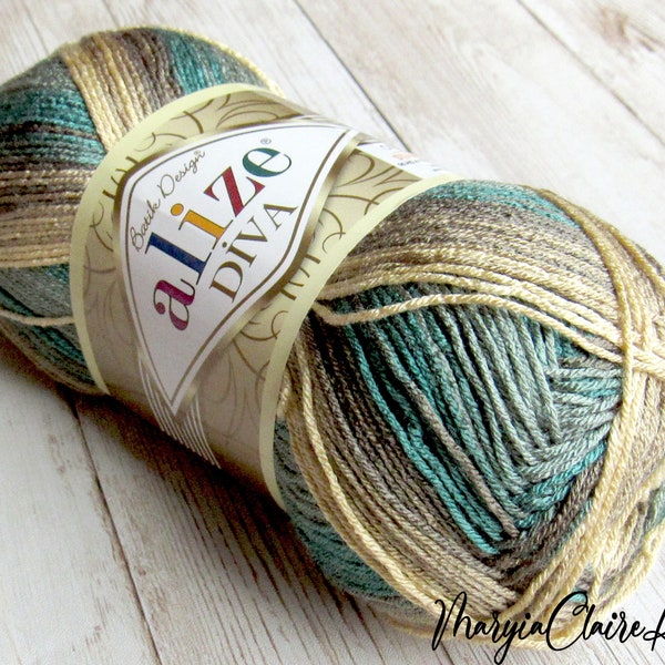 Alize DIVA Batik color 3307, Multicolor Alize Diva Batik in Brown and Teal tones, Lightweigh Microfiber Acrylic yarn for summer, USA seller.