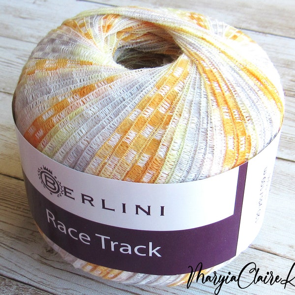 Ribbon yarn lightweight, Berlini Race Track Le Mans yarn, multicolor 3/8" ( 9mm) Italian ribbon yarn in peach/yellow and light grey/white.