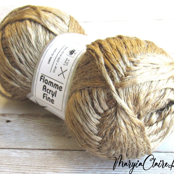 Flamme Acryl fine yarn in camel brown color, Thin to thick novelty yarn in light brown, Acrylic thin summer yarn, Ice yarn 70086.