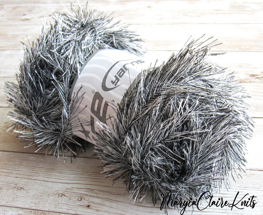 Gray Black Eyelash Yarn for Sale, Grey Silver Yarn With Long Eyelashes