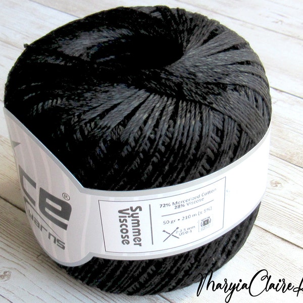 Mercerized Cotton Viscose blend yarn in Black color, Black cotton crochet yarn, Thin lightweight cotton viscose yarn ,Ice Yarn 49857.