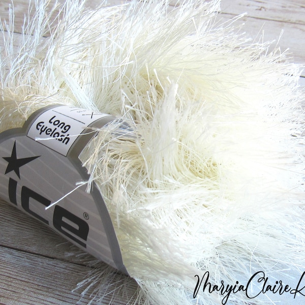 Ecru extra-long eyelash yarn, Eyelash yarn with super long eyelashes in solid light cream color, Ice yarn 42069.