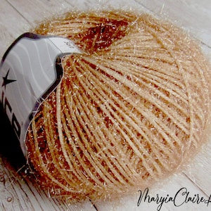Sparkle Soft Ice Yarn in Dark Gold, Light brown eyelash yarn with metallic lurex, Novelty eyelash yarn in Dark Gold color.