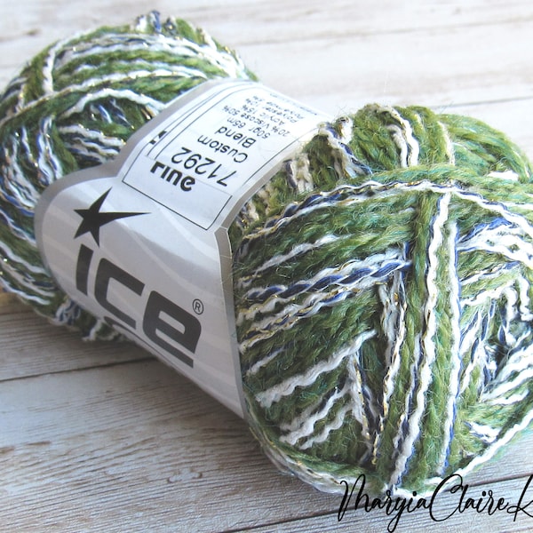 Metallic multicolor yarn, Acrylic-viscose blend yarn with white gold lurex, Jungle green navy white gold Ice yarn 71292.