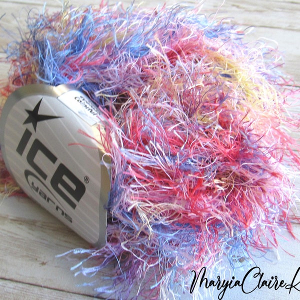 Multicolor Rainbow extra-long eyelash yarn, Long eyelash yarn in yellow, blue, coral, pink, lavender colors, Ice Yarn 45068.