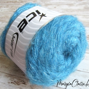 Metallic turquoise yarn, Wool-acrylic blend cake yarn with metallic lurex, soft fuzzy yarn cake for knitting or crochet, Ice yarn77561.