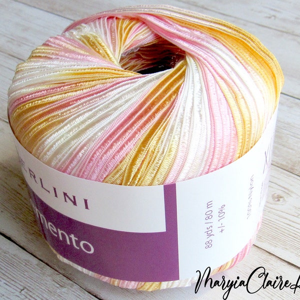 Berlini Memento 3/8 (9mm) ribbon yarn in Freshwater 64, Italian Nylon Ribbon yarn, Multicolor Ribbon yarn in Pastel Pink Yellow and White.