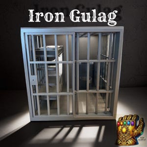 May include: A miniature, gray metal jail cell with the text "Iron Gulag" above it. The cell has a sliding door and interior details. A colorful, cartoonish gauntlet with gems is in the lower right corner.