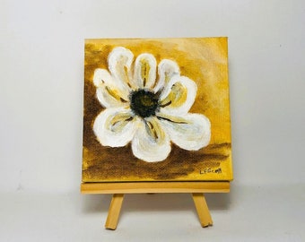 Mini Flower with Easel, Mini White Flower with Easel, Mini White Floral Acrylic Original Painting
