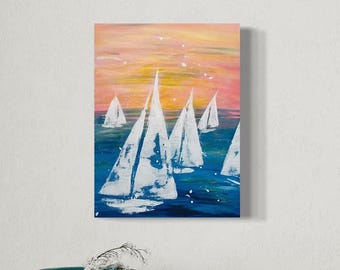 Sunrise Sailboat Acrylic Painting, 12x16 Canvas Seascape Wall Art