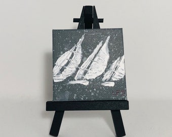 Mini Sailboat Painting, Hand Painted Sailboat Painting, Small Sailboat Painting, Mini Art Sailboat With Easel