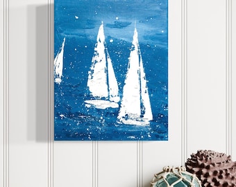 White Sailboats Abstract, Seascape Acrylic Painting, Coastal Nautical Canvas Art, Beach House Decor, Boat on Canvas, Original Sailboat Art