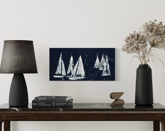 Sailboat Painting, Navy Boat Art, Nautical Seascape Acrylic Artwork, Sailboat Wall Art