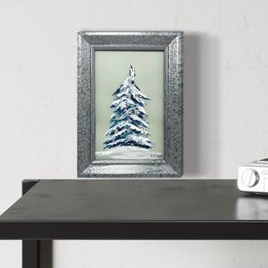 Christmas Tree Acrylic Painting: Framed Holiday Decor, Colorful Bulbs Mini Christmas Tree Snowy Painting, Winter Scene Holiday Tree Painting