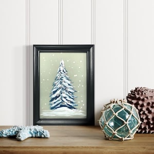 Christmas Tree Acrylic Painting: Framed Holiday Decor, Colorful Bulbs Mini Christmas Tree Snowy Painting, Winter Scene Holiday Tree Painting