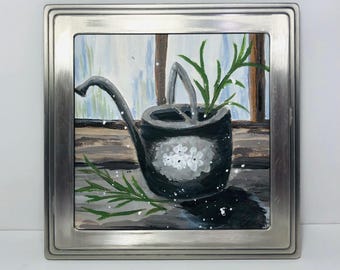 Watering Can Acrylic Painting, Floral Garden Art, Silver Frame