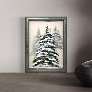 Christmas Tree Acrylic Painting: Framed Holiday Decor, Colorful Bulbs Mini Christmas Tree Snowy Painting, Winter Scene Holiday Tree Painting