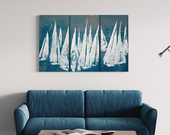 Abstract Sailboat Triptych Canvas Painting, Teal Seascape Wall Art