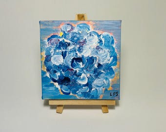 Mini Blue Flower Painting, Small Floral Canvas, Mini Hydrangeas Art, Hand Painted Floral on Canvas with Easel, Shelf decor,  Flower Painting