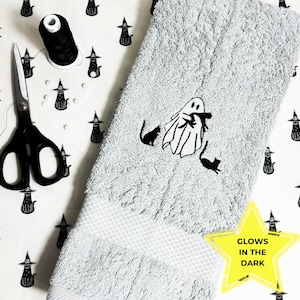 Halloween Hand Towel for Bathroom, Glow in the Dark Ghost & Cat, Fun Embroidered Towel for Halloween Party Decor / Favors, Housewarming Gift