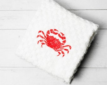 Beach Hand Towels for Kitchen, Handmade Dungeness Crab Hand Towels, Embroidered Beach House Decor, Coastal Farmhouse Aesthetic