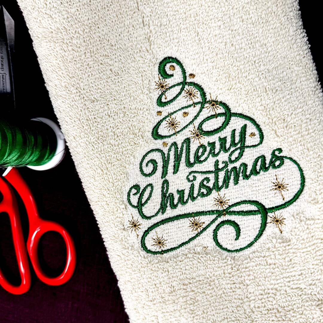 Christmas Tree Hand Towels, Bathroom or Kitchen, Traditional Christmas, Embroidered Hand Towels