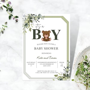 Greenery Baby Shower Invitation: Bear Theme, Gender Neutral (Editable Canva Template)