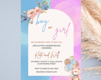 Pink and Blue Gender Reveal Baby Shower Invitation Template, Bear Baby Shower Invitation, Baby Bear Shower, Balloons, 5x7 inches- CANVA