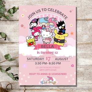 Cumpleaños del personaje de Kitty y sus amigos, editable digitalmente, tarjeta de cumpleaños de Kitty y sus amigos, invitación de gato Kawaii, invitación de Kitty Bday-CANVA