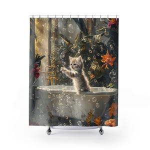 Whimsical Cat Shower Curtain, Cute Kitty Bathroom Decor